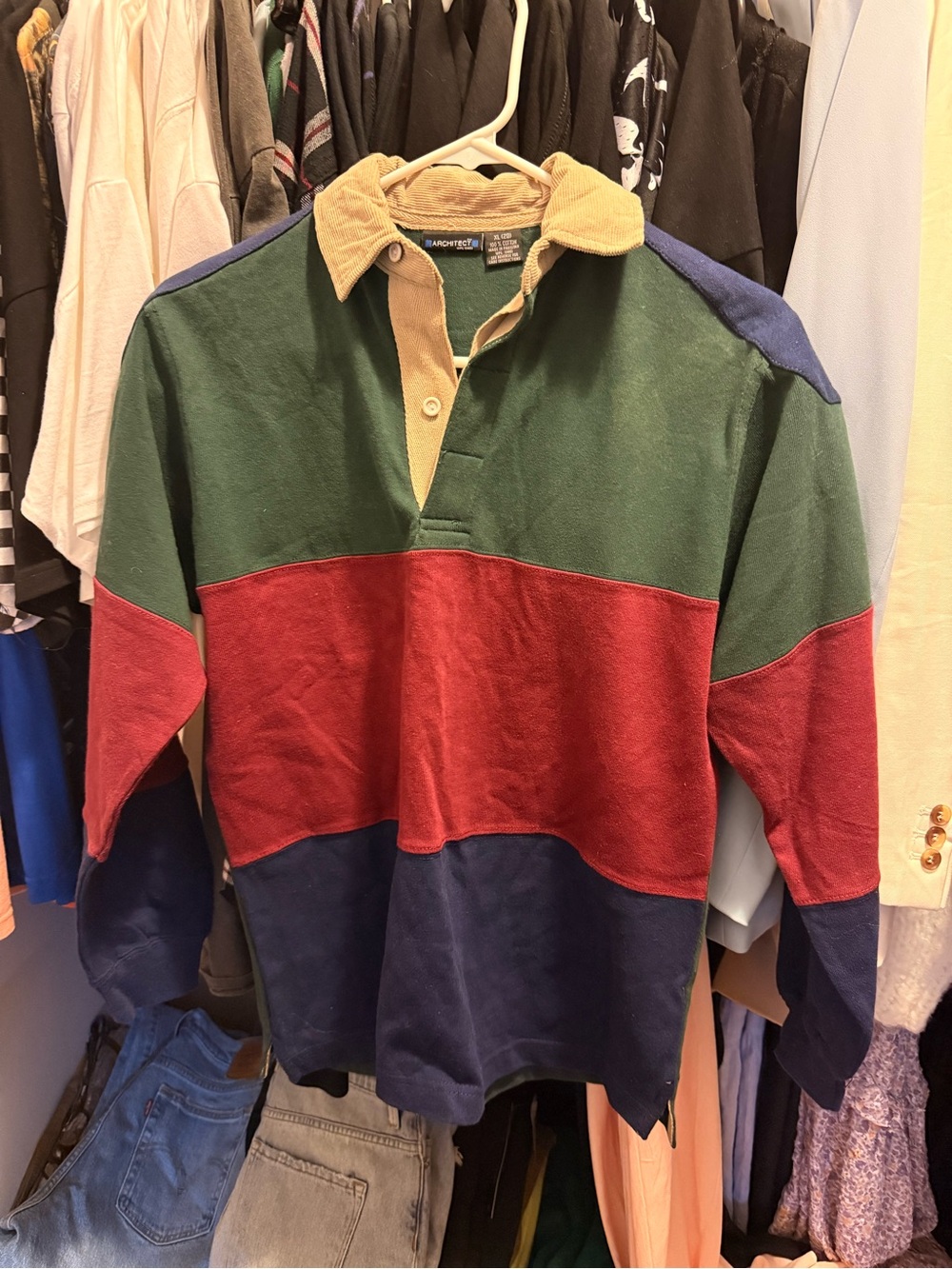 Architect Corduroy-Collar Rugby Polo in Green, Navy and Tan